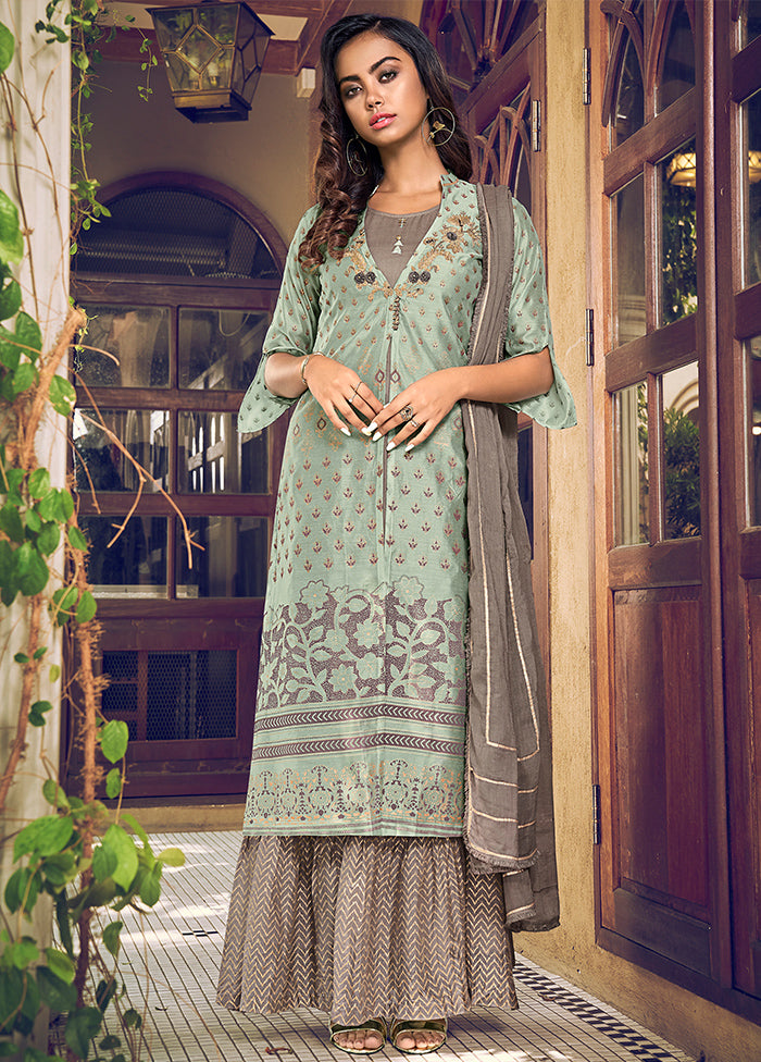 3 Pc Green Semi Stitched Cotton Suit Set