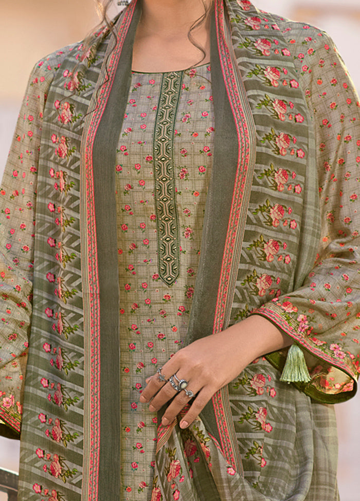 3 Pc Green Unstitched Silk Suit Set