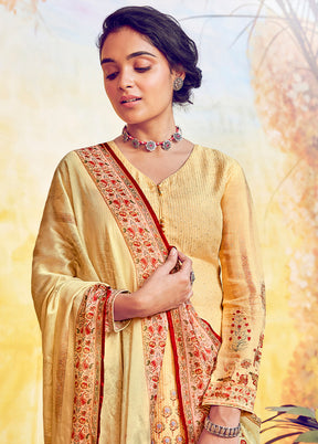 3 Pc Yellow Unstitched Cotton Suit Set