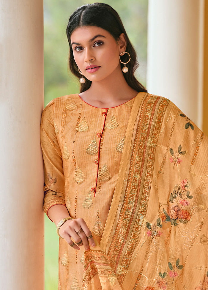 3 Pc Peach Unstitched Silk Suit Set