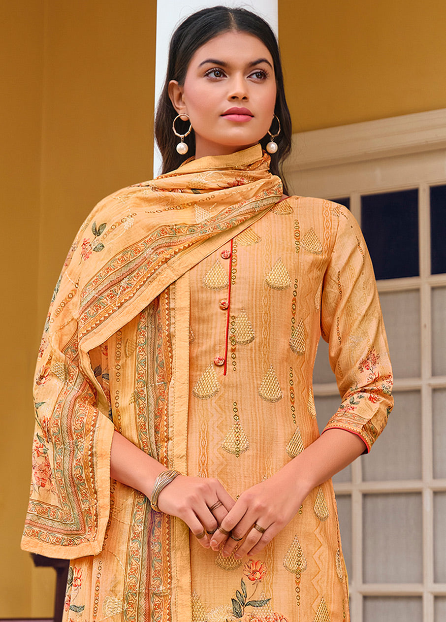 3 Pc Peach Unstitched Silk Suit Set