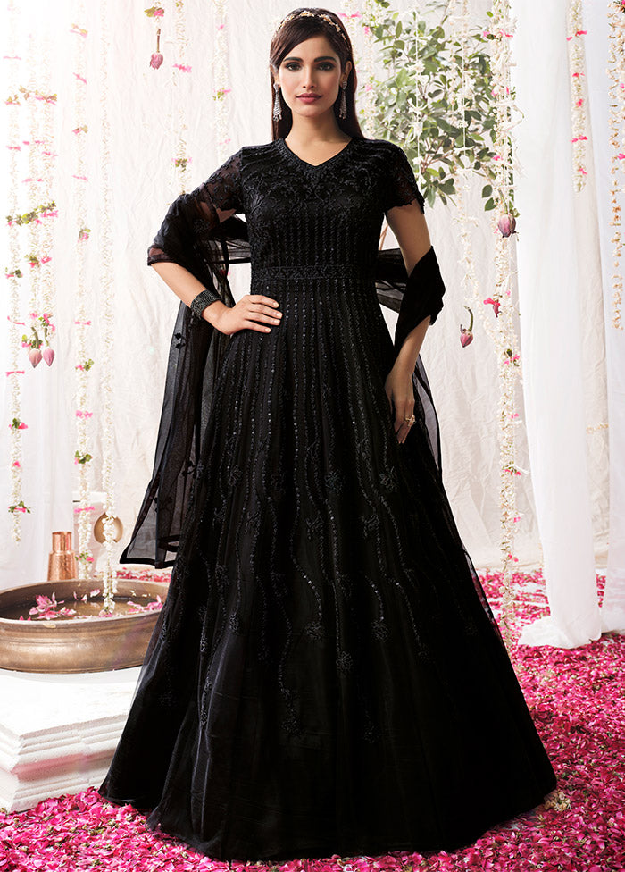 3 Pc Black Semi Stitched Net Suit Set