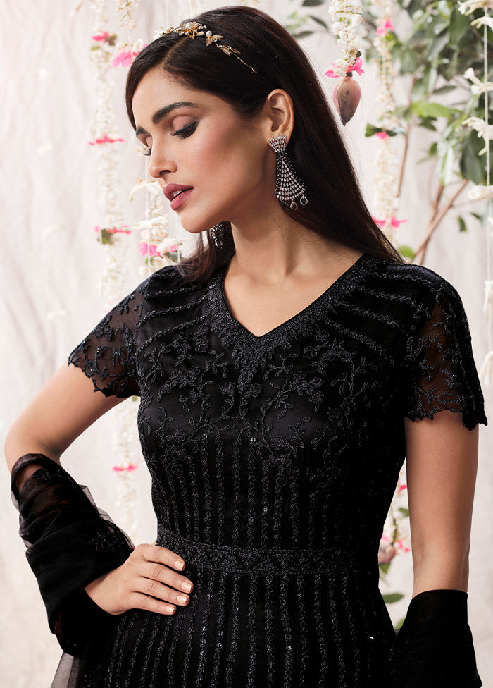 3 Pc Black Semi Stitched Net Suit Set