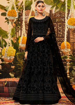 3 Pc Black Semi Stitched Net Suit Set