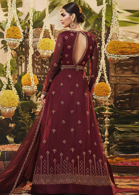 3 Pc Maroon Semi Stitched Net Suit Set