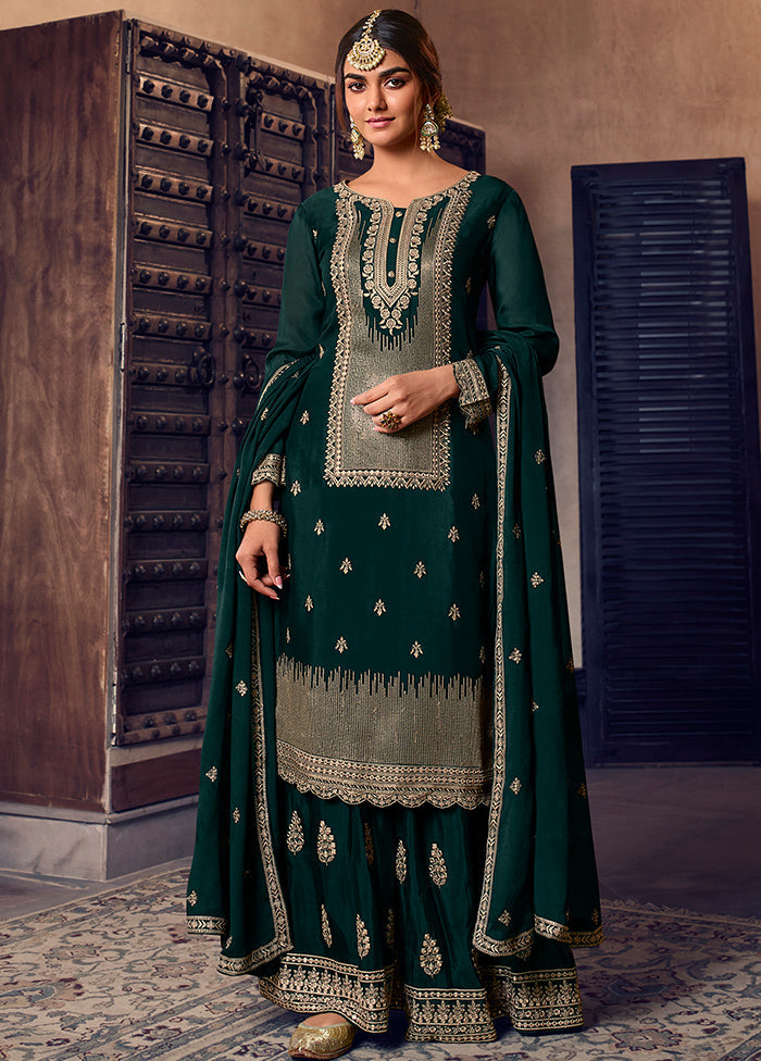 3 Pc Blue Semi Stitched Chiffon Suit Set With Dupatta VDSL100160822 - Indian Silk House Agencies