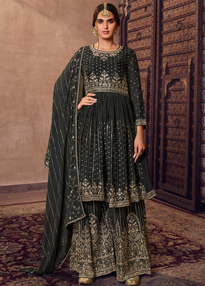 3 Pc Grey Semi Stitched Chiffon Suit Set With Dupatta VDSL100160824 - Indian Silk House Agencies