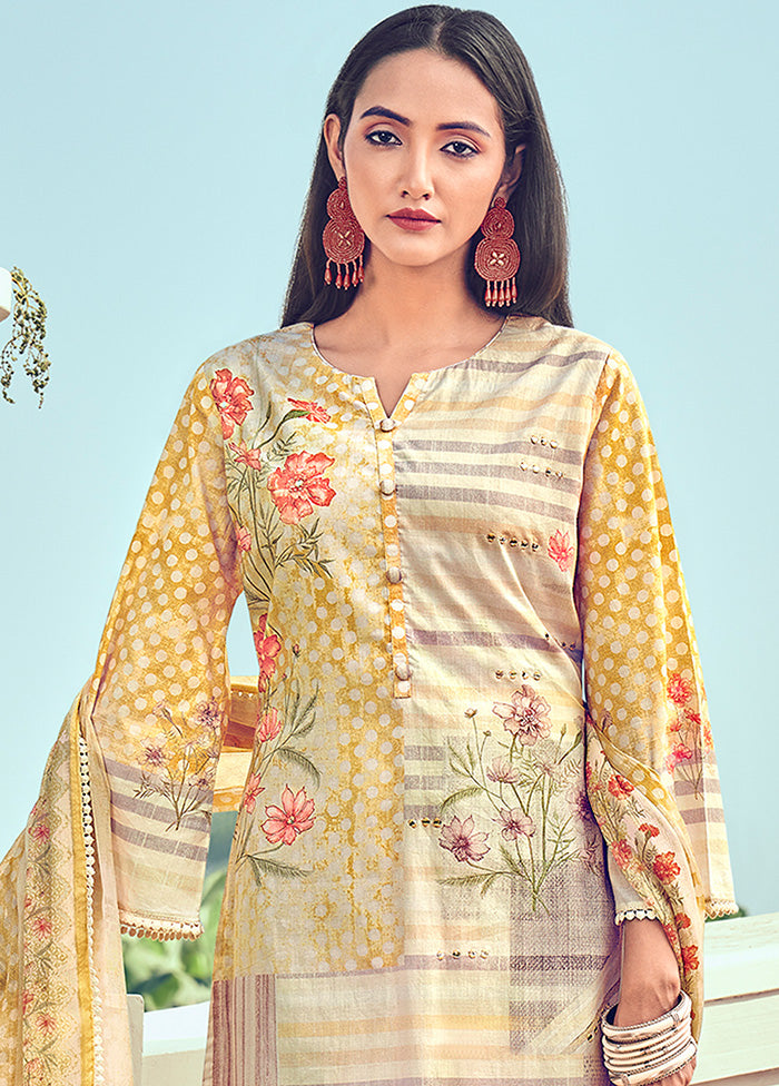 3 Pc Yellow Unstitched Cotton Suit Set