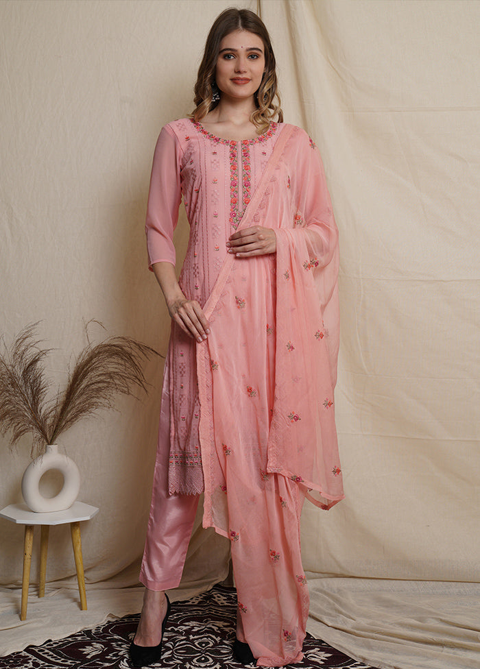 3 Pc Pink Unstitched Georgette Suit Set