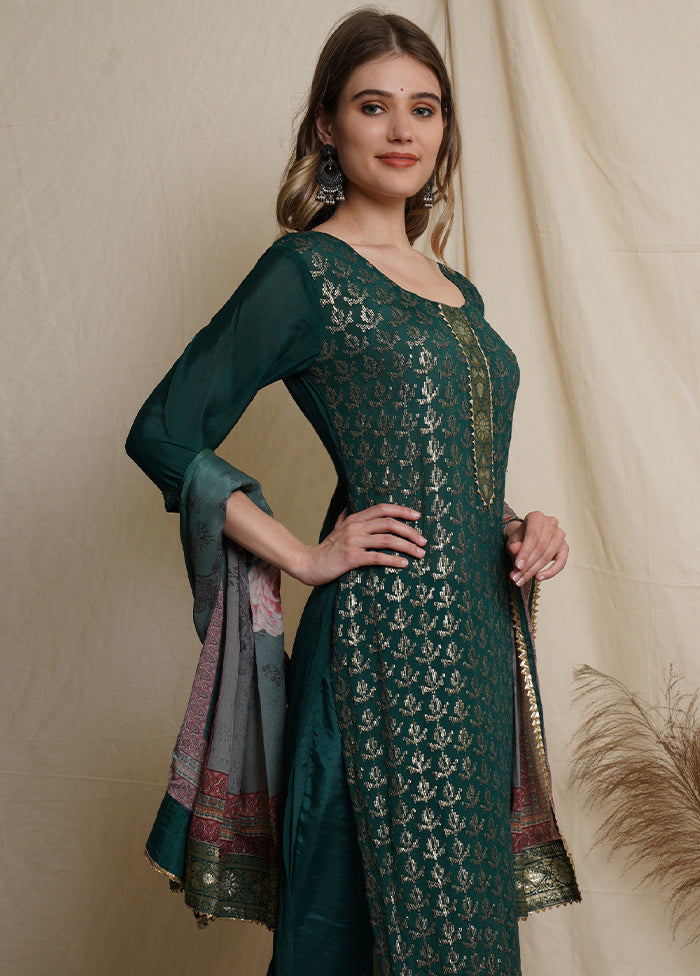 3 Pc Green Unstitched Silk Suit Set