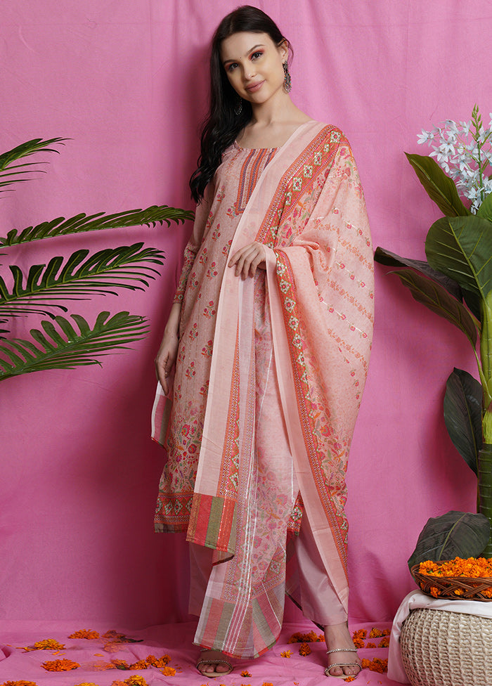 3 Pc Peach Unstitched Silk Suit Set