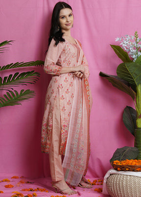 3 Pc Peach Unstitched Silk Suit Set