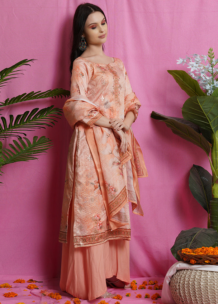 3 Pc Peach Unstitched Silk Suit Set