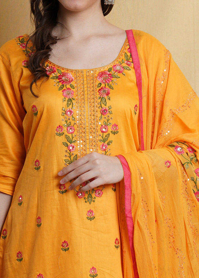 3 Pc Yellow Unstitched Cotton Suit Set