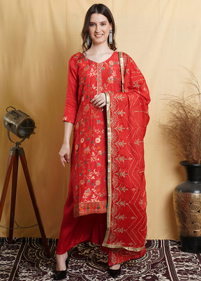 3 Pc Red Unstitched Silk Suit Set