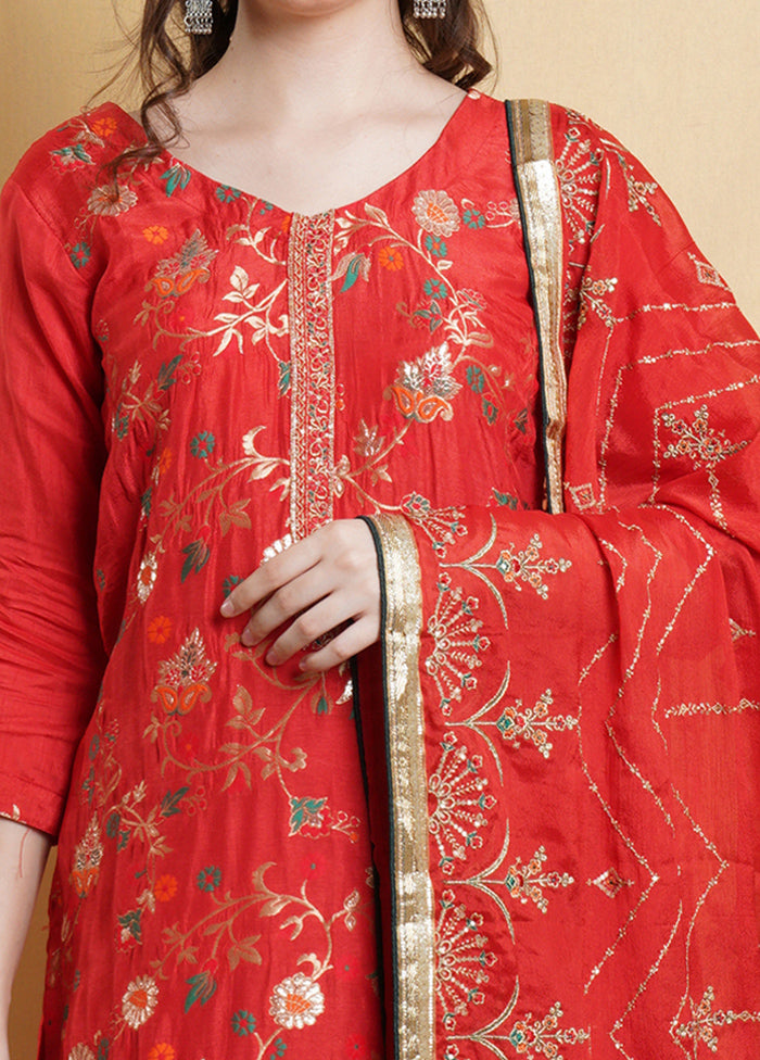 3 Pc Red Unstitched Silk Suit Set