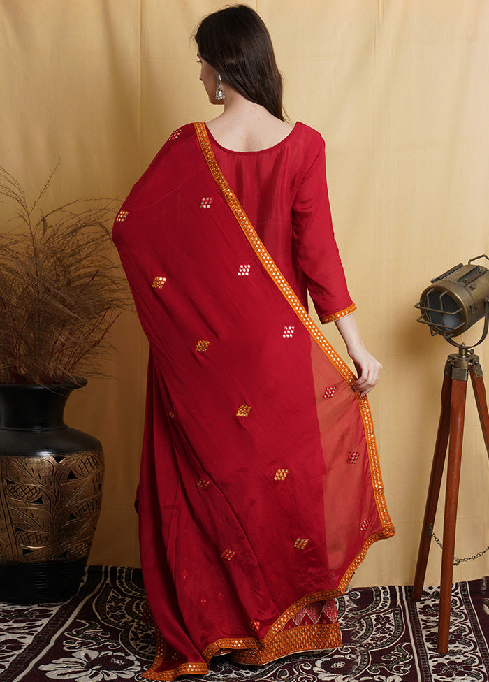 3 Pc Red Unstitched Silk Suit Set