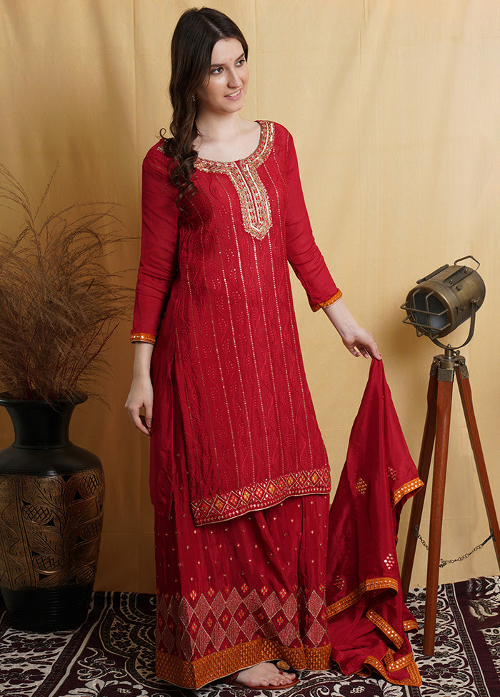 3 Pc Red Unstitched Silk Suit Set