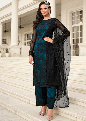 3 Pc Teal Unstitched Net Suit Set