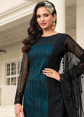 3 Pc Teal Unstitched Net Suit Set