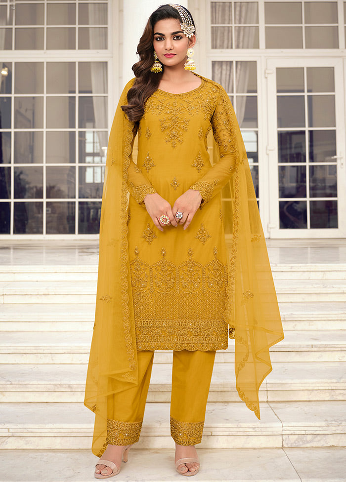 3 Pc Yellow Unstitched Net Suit Set