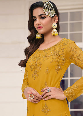 3 Pc Yellow Unstitched Net Suit Set