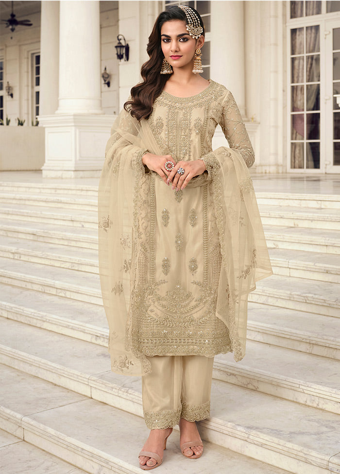 3 Pc Cream Unstitched Net Suit Set