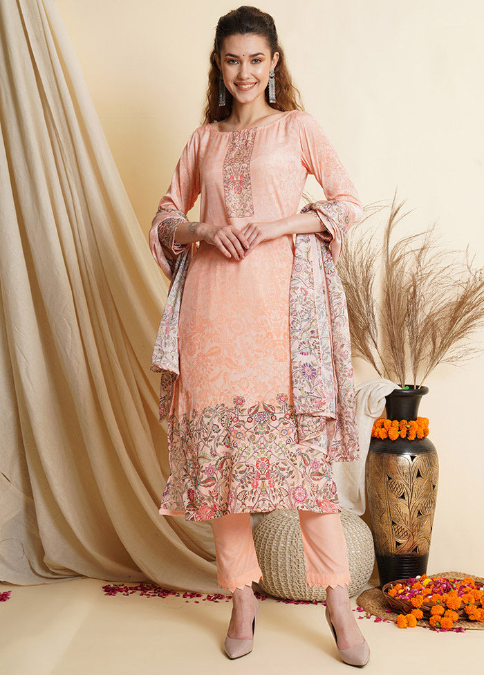 3 Pc Peach Unstitched Silk Suit Set