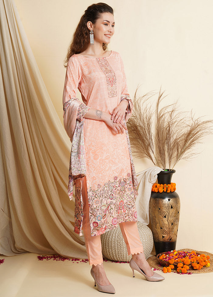 3 Pc Peach Unstitched Silk Suit Set