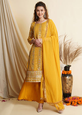 3 Pc Yellow Unstitched Georgette Suit Set