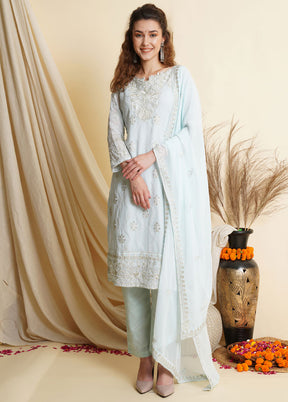 3 Pc Sky Blue Unstitched Georgette Suit Set