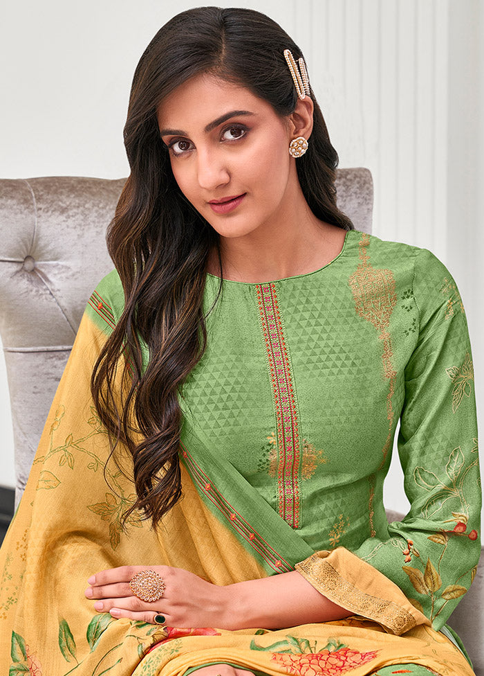 3 Pc Green Unstitched Pure Silk Suit Set