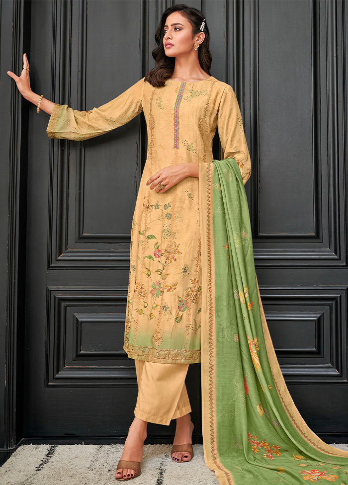 3 Pc Beige Unstitched Pure Silk Suit Set