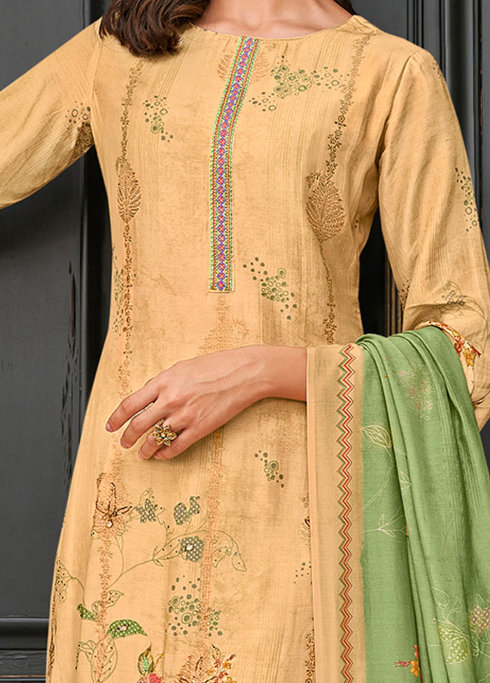 3 Pc Beige Unstitched Pure Silk Suit Set