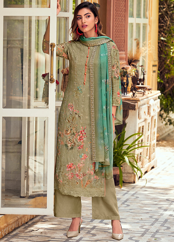 3 Pc Green Unstitched Silk Suit Set