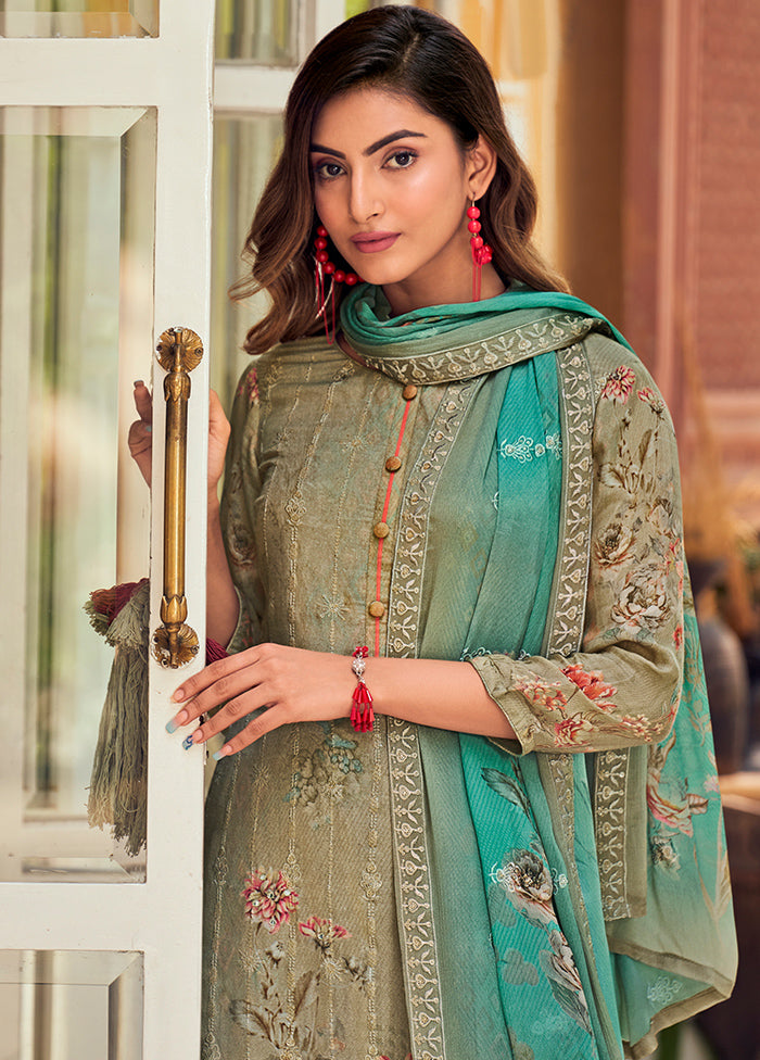 3 Pc Green Unstitched Silk Suit Set