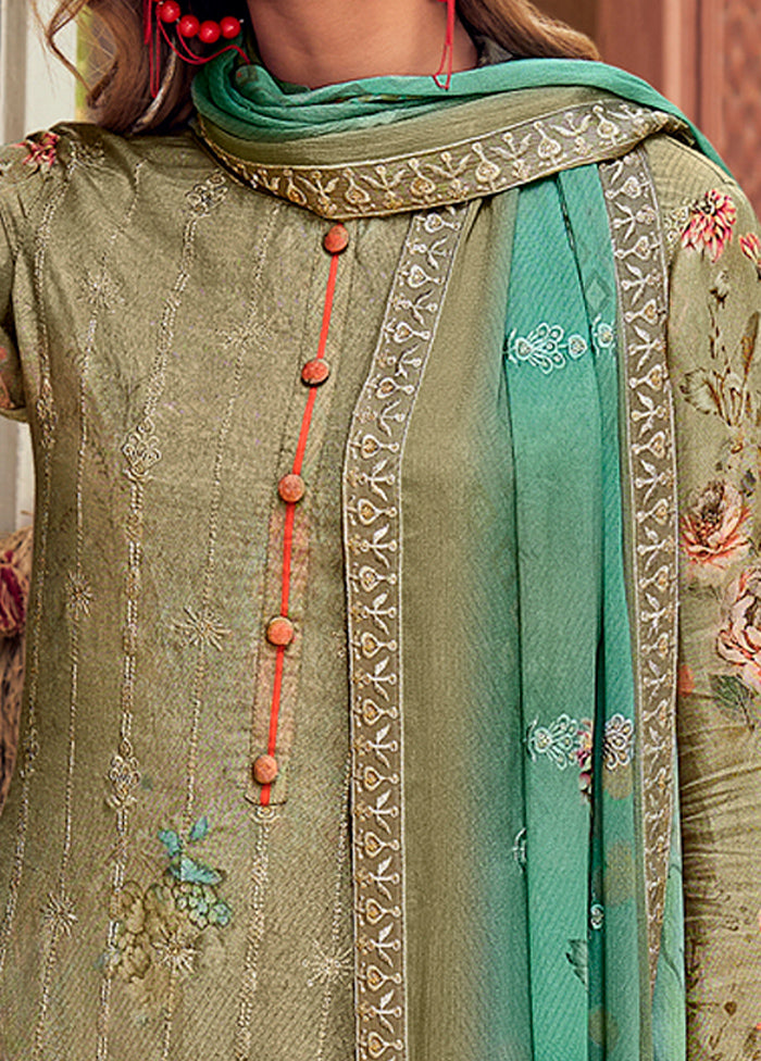 3 Pc Green Unstitched Silk Suit Set