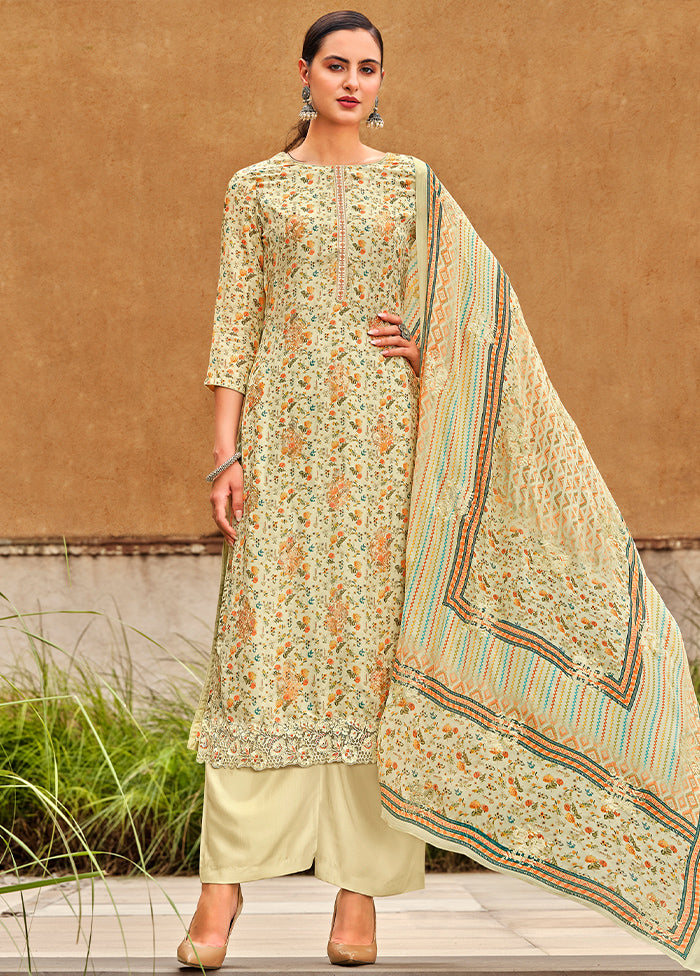 3 Pc Cream Unstitched Silk Suit Set