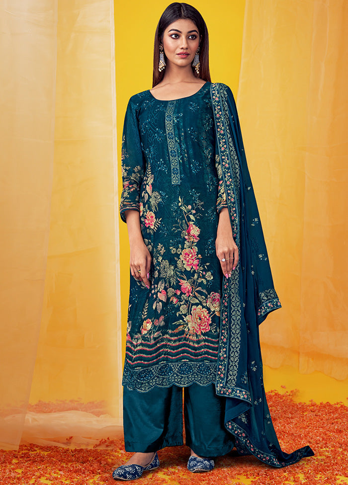 3 Pc Navy Blue Unstitched Georgette Suit Set With Dupatta VDSL269221 - Indian Silk House Agencies