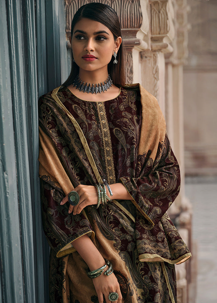 3 Pc Brown Unstitched Silk Suit Set