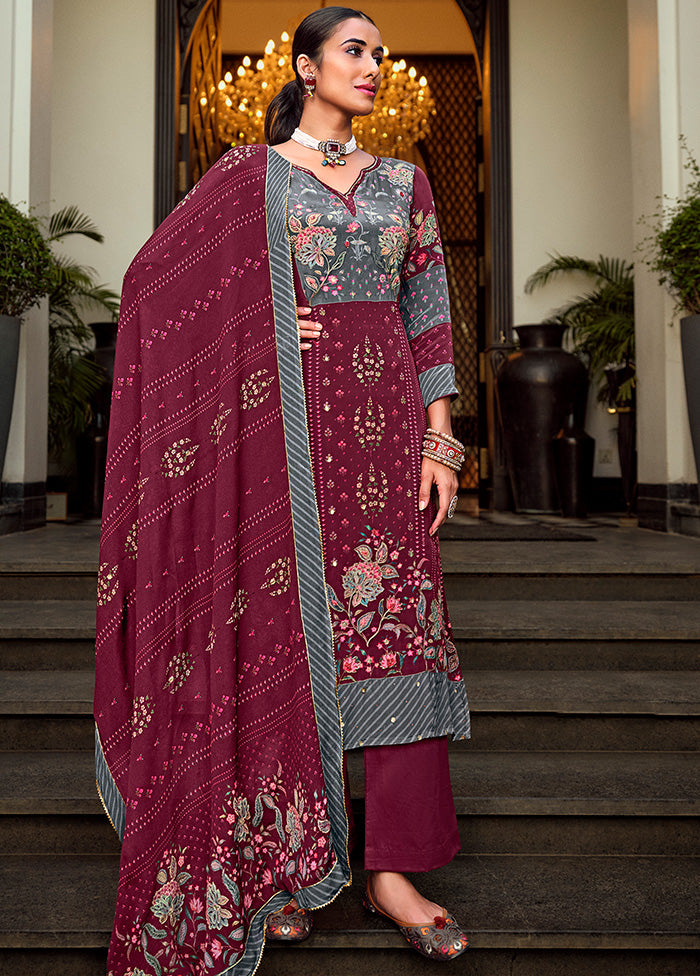 3 Pc Magenta Unstitched Pure Silk Suit Set