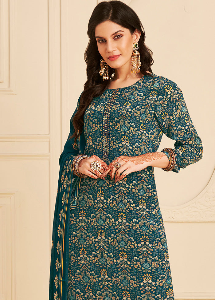 3 Pc Navy Blue Unstitched Pure Silk Suit Set