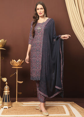 3 Pc Navy Blue Unstitched Cotton Suit Set