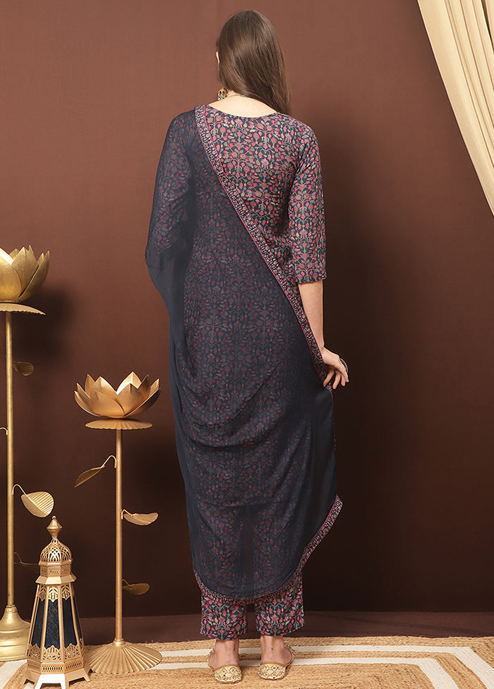 3 Pc Navy Blue Unstitched Cotton Suit Set