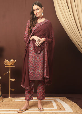 3 Pc Maroon Unstitched Cotton Suit Set