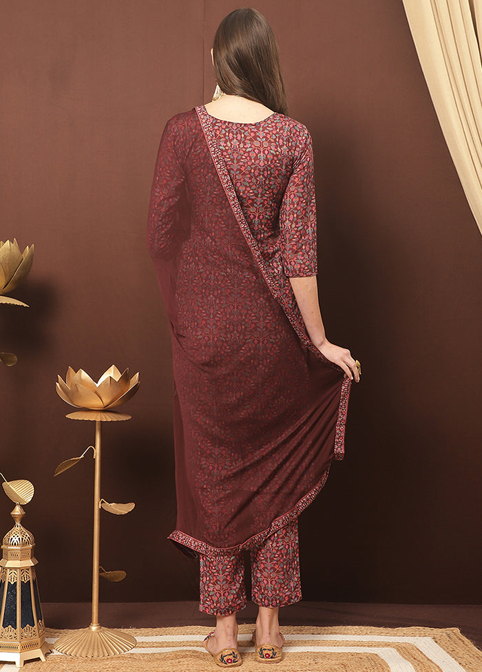 3 Pc Maroon Unstitched Cotton Suit Set