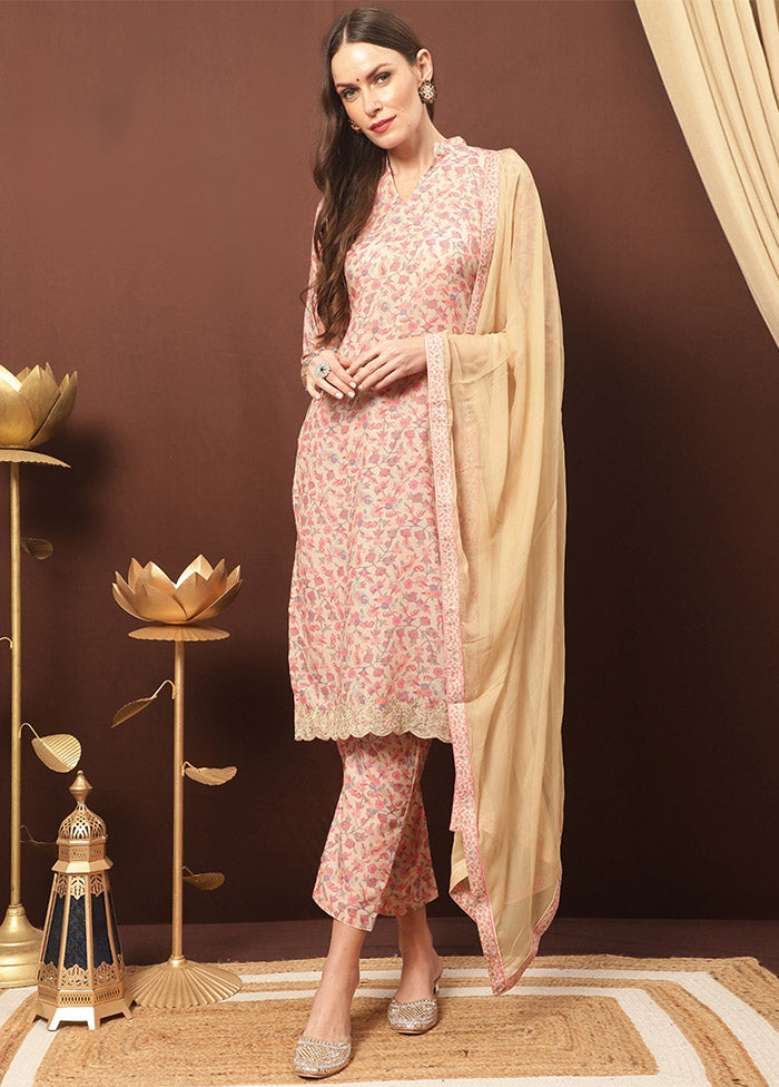 3 Pc Beige Unstitched Cotton Suit Set