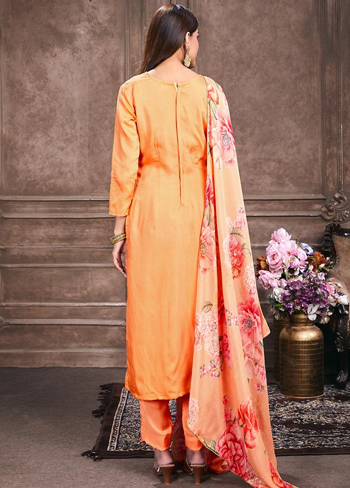 3 Pc Peach Unstitched Silk Suit Set