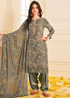 3 Pc Grey Unstitched Pure Silk Suit Set