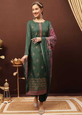 3 Pc Green Unstitched Silk Suit Set